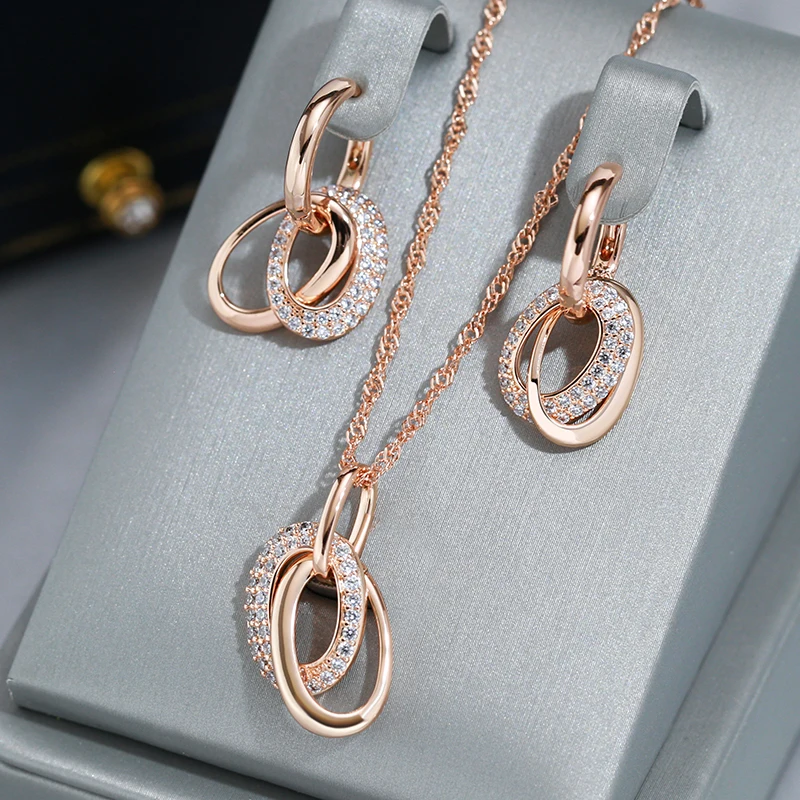Wbmqda Fashion Double Hoop Zircon Pendant And Necklace For Women 585 Rose Gold Color 2023 Trending Neck Chain Jewelry Gifts