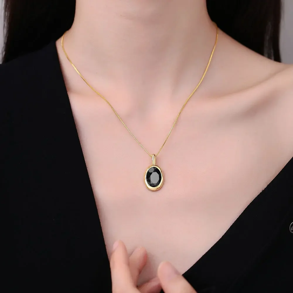 S925 Sterling Silver Electroplated 18k Gold Obsidian Clavicle Chain Exquisite Gift Women's Pendant Necklace (40cm+5.0cm)