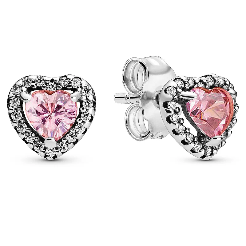 Authentic 925 Sterling Silver Elevated Heart Earring Ring Necklace With Pink Crystal For Women Birthday Gift Fashion Jewelry