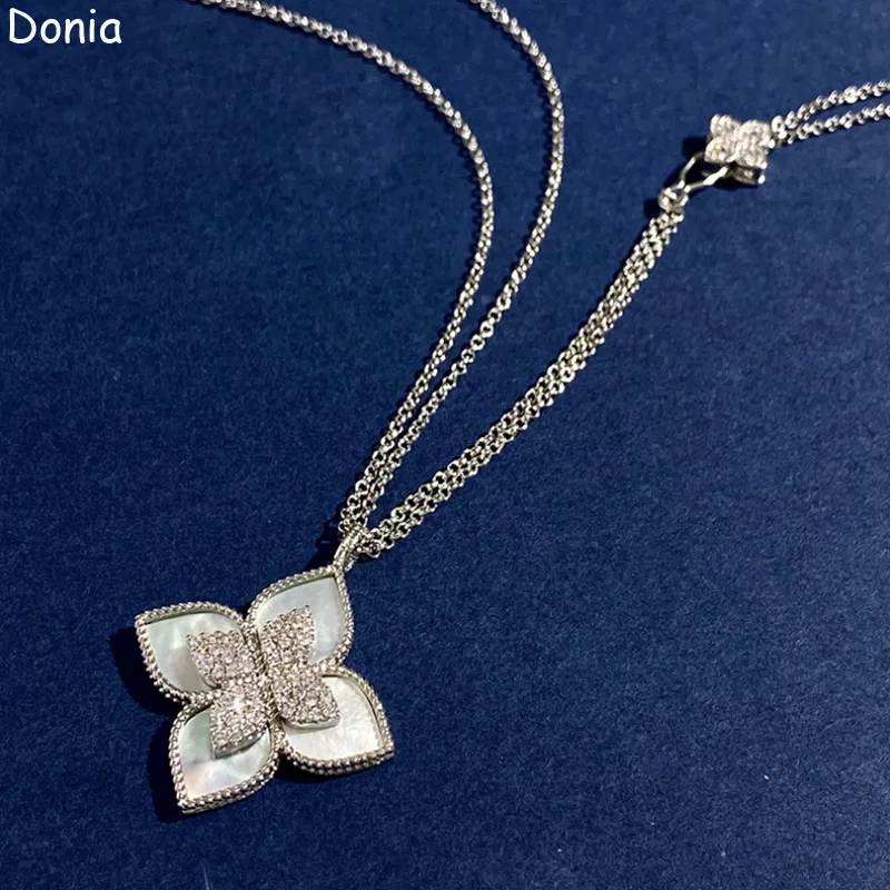 Donia Jewelry European and American Fashion Flowers Titanium Steel Micro-Inlaid Zircon Double-Chain Long Luxury Shell Necklace