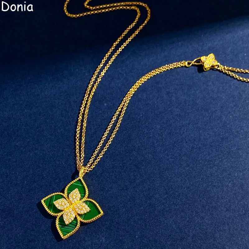 Donia Jewelry European and American Fashion Flowers Titanium Steel Micro-Inlaid Zircon Double-Chain Long Luxury Shell Necklace