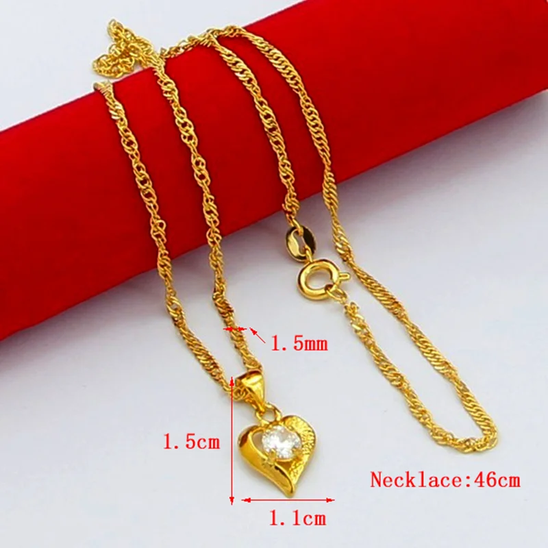 Genuine 24k Gold Necklace Zircon Heart Pendant Water Ripple Chain Necklace Electroplating Gold Jewelry Wedding Gifts for Women
