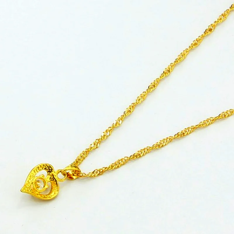 Genuine 24k Gold Necklace Zircon Heart Pendant Water Ripple Chain Necklace Electroplating Gold Jewelry Wedding Gifts for Women