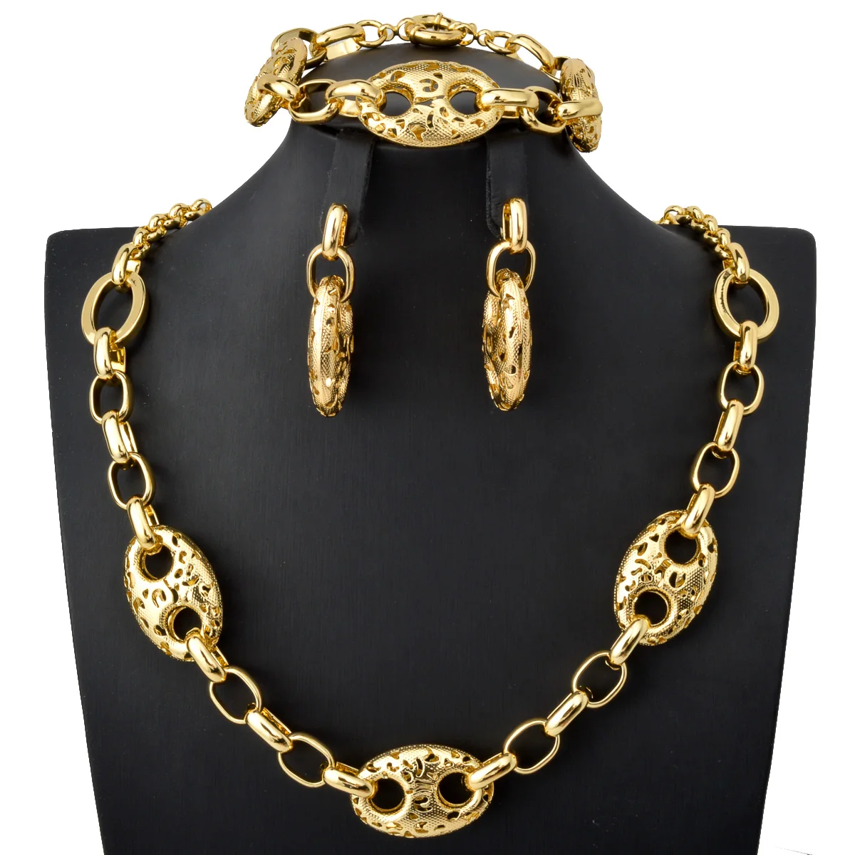 Chunky Link Chain Coffee Bean Earrings Necklace Bracelet Set Punk Women Men Dubai Gold Color Wedding Jewellery Choker Necklace