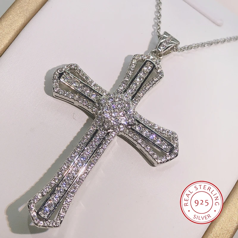 Classic 925 Silver Twinkling Zircon Cross Pendant Long Chain Statement Necklace For Women Man Fashion Jewelry