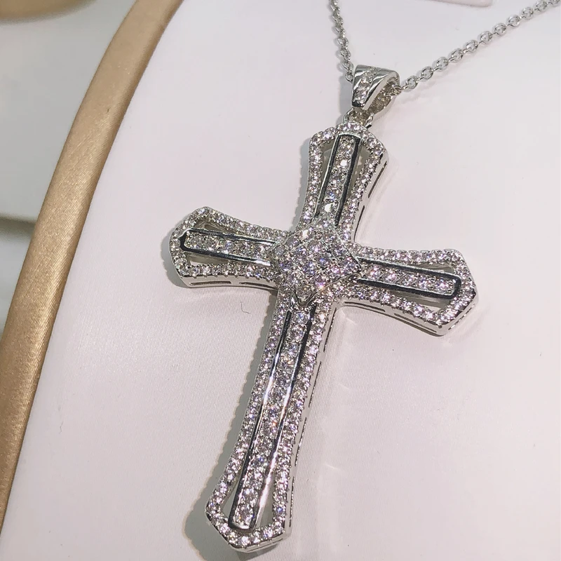 Classic 925 Silver Twinkling Zircon Cross Pendant Long Chain Statement Necklace For Women Man Fashion Jewelry