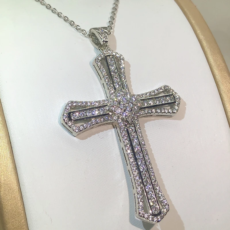 Classic 925 Silver Twinkling Zircon Cross Pendant Long Chain Statement Necklace For Women Man Fashion Jewelry