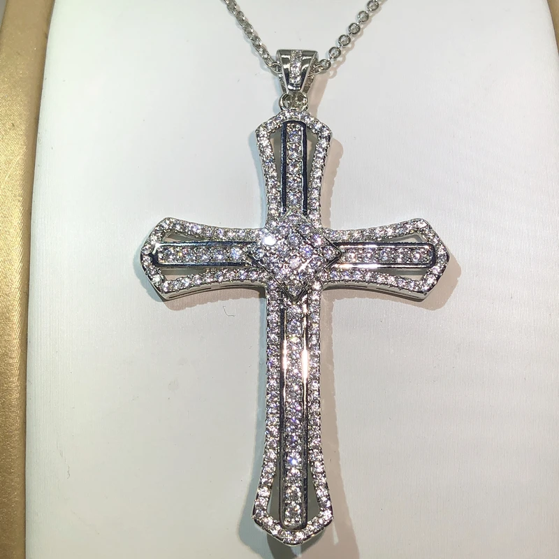 Classic 925 Silver Twinkling Zircon Cross Pendant Long Chain Statement Necklace For Women Man Fashion Jewelry