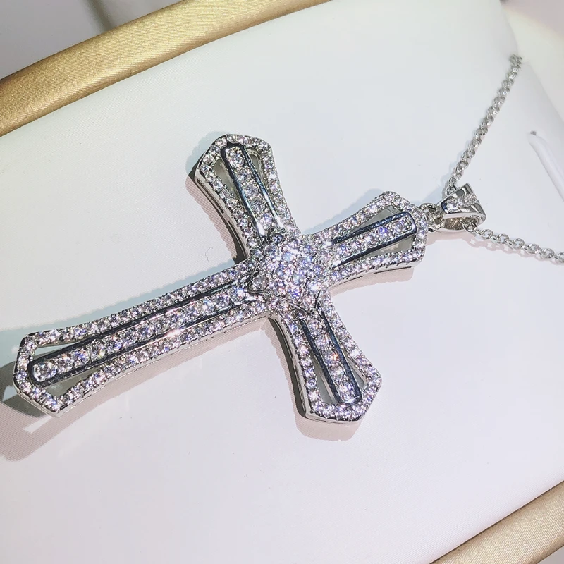 Classic 925 Silver Twinkling Zircon Cross Pendant Long Chain Statement Necklace For Women Man Fashion Jewelry