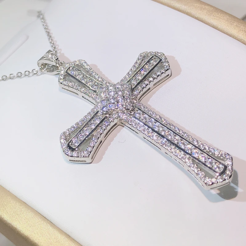 Classic 925 Silver Twinkling Zircon Cross Pendant Long Chain Statement Necklace For Women Man Fashion Jewelry