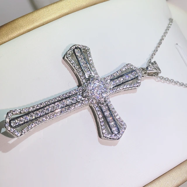 Classic 925 Silver Twinkling Zircon Cross Pendant Long Chain Statement Necklace For Women Man Fashion Jewelry