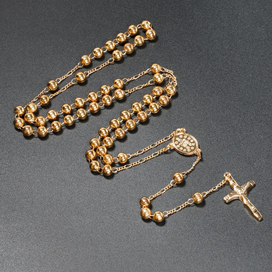 6MM Metal Beads Rosary Necklaces For Women Men Long Chain Crucifix Cross Pendant Necklace Religious Praye Jewelry