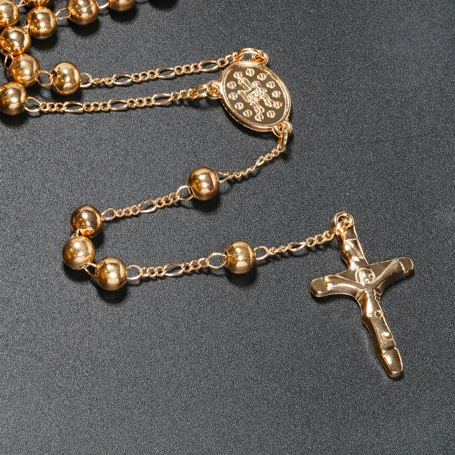 6MM Metal Beads Rosary Necklaces For Women Men Long Chain Crucifix Cross Pendant Necklace Religious Praye Jewelry