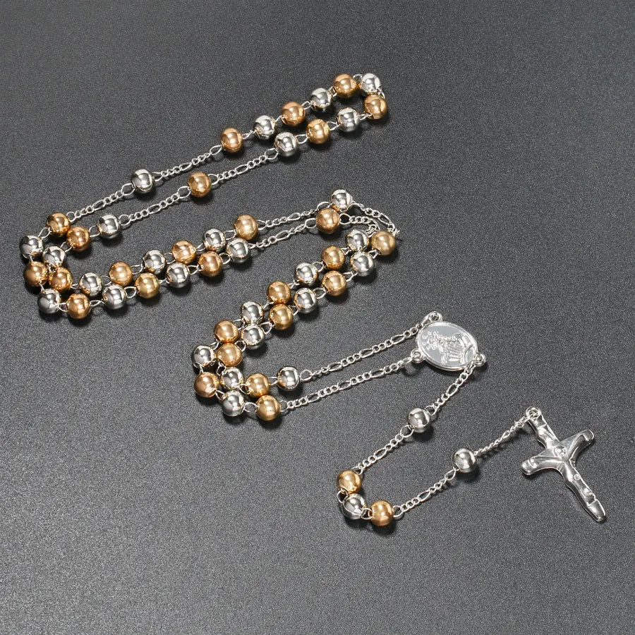 6MM Metal Beads Rosary Necklaces For Women Men Long Chain Crucifix Cross Pendant Necklace Religious Praye Jewelry