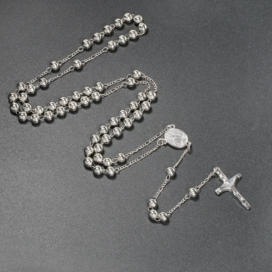 6MM Metal Beads Rosary Necklaces For Women Men Long Chain Crucifix Cross Pendant Necklace Religious Praye Jewelry