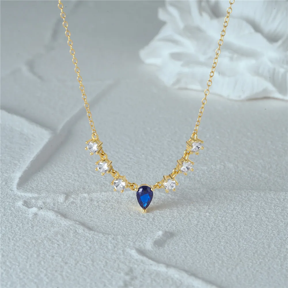 BOAKO Real 925 Sterling Silver Chain Necklaces For Women Geometric Blue White Crystal Luxury Zircon Chain Neck Corrente De Prata