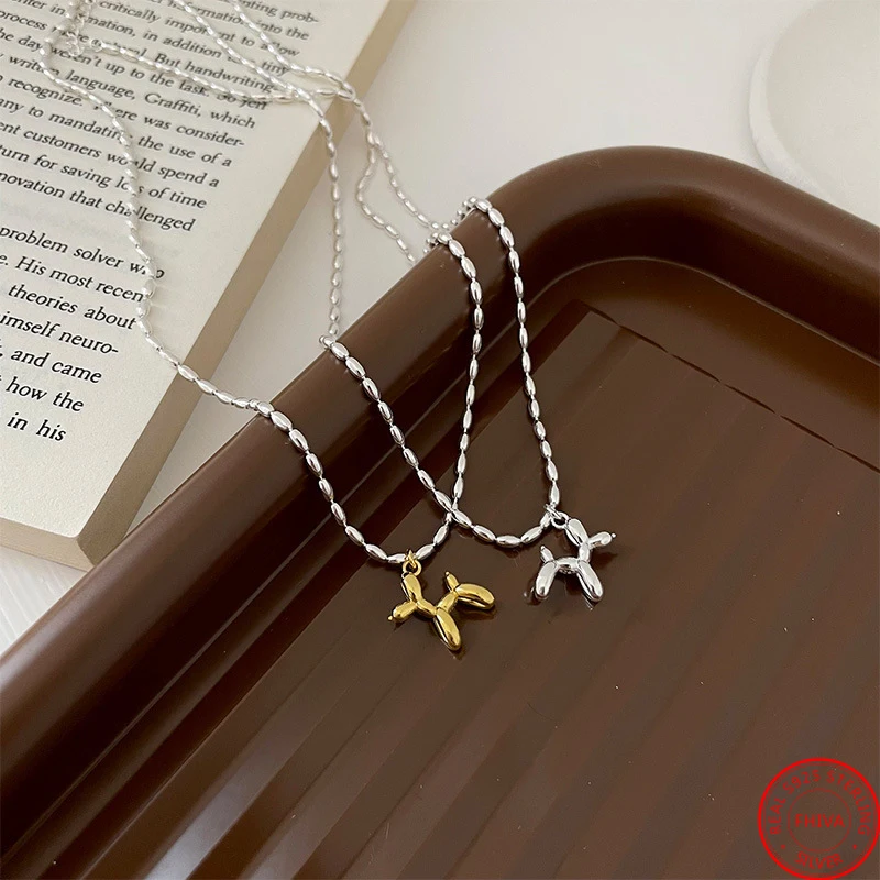 Choker 925 Sterling Silver Elegant Balloon Dog Necklace Pendant Smooth Dog Cute Shiny Wedding Gift Girl Accessories NK151