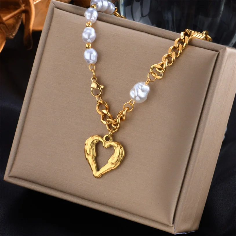 316L Stainless Steel New Fashion High-end Jewelry 43cm Irregular Love Heart Pearl Charm Thick Chain Necklaces Pendants For Women