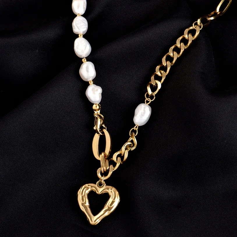 316L Stainless Steel New Fashion High-end Jewelry 43cm Irregular Love Heart Pearl Charm Thick Chain Necklaces Pendants For Women