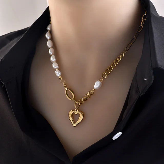 316L Stainless Steel New Fashion High-end Jewelry 43cm Irregular Love Heart Pearl Charm Thick Chain Necklaces Pendants For Women