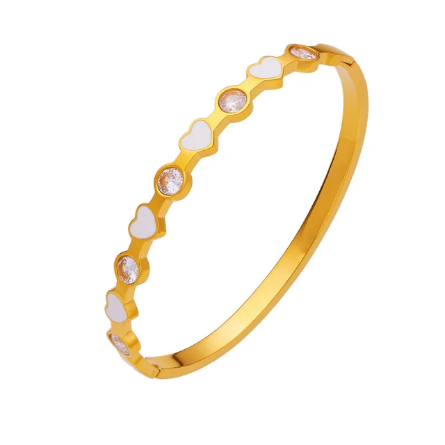 Colorful Love Heart Titanium Steel Bracelet with Zircon Enamel 18K Gold Plated Waterproof Cuff Bangle Jewelry Suitable for Women