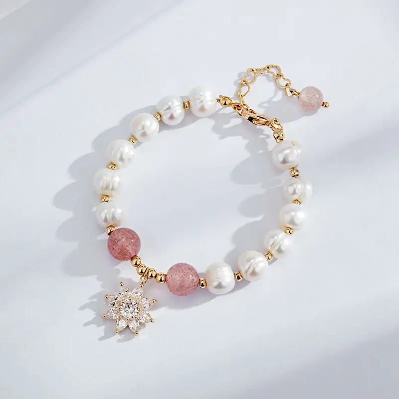 Arrival Elegant Snowflake Shiny Crystal Freshwater Pearl & Strawberry Quartz 14K Gold Filled Female Bracelet Gifts Women