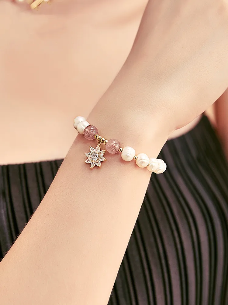 Arrival Elegant Snowflake Shiny Crystal Freshwater Pearl & Strawberry Quartz 14K Gold Filled Female Bracelet Gifts Women