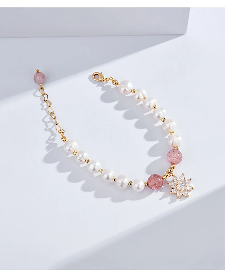 Arrival Elegant Snowflake Shiny Crystal Freshwater Pearl & Strawberry Quartz 14K Gold Filled Female Bracelet Gifts Women