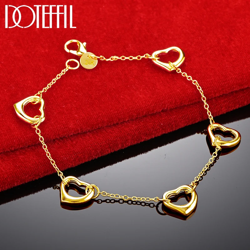 DOTEFFIL 24K Gold Five Heart Chain Bracelet For Woman Charm Wedding Engagement Fashion Party Jewelry