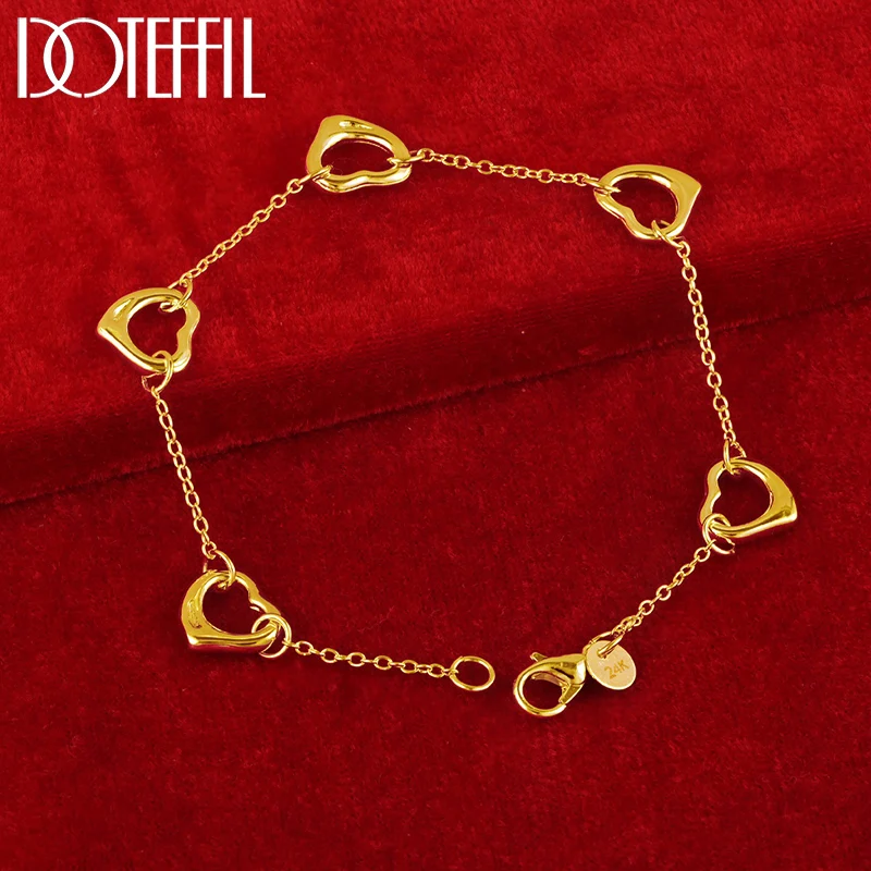 DOTEFFIL 24K Gold Five Heart Chain Bracelet For Woman Charm Wedding Engagement Fashion Party Jewelry