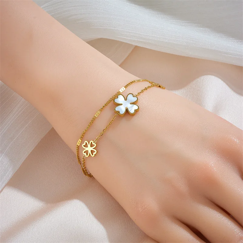 Double Layer Lucky Clover Titanium Steel Bracelet Chain with Shell 18K Gold Plated Anti Allergy Jewelry for Women Ladies Girls