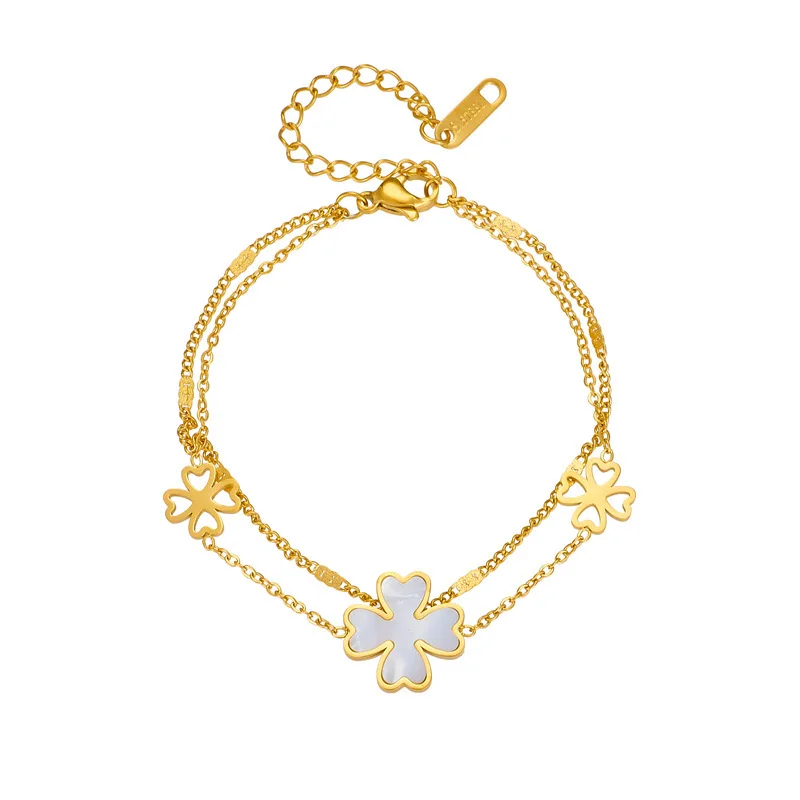 Double Layer Lucky Clover Titanium Steel Bracelet Chain with Shell 18K Gold Plated Anti Allergy Jewelry for Women Ladies Girls