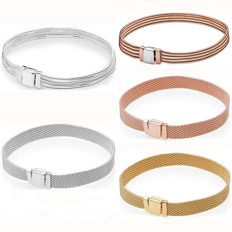 Original Rose Gold Woven Mesh Reflexions Multi Chain Bracelet Fit Fashion 925 Sterling Silver Bangle Bead Charm DIY Jewelry