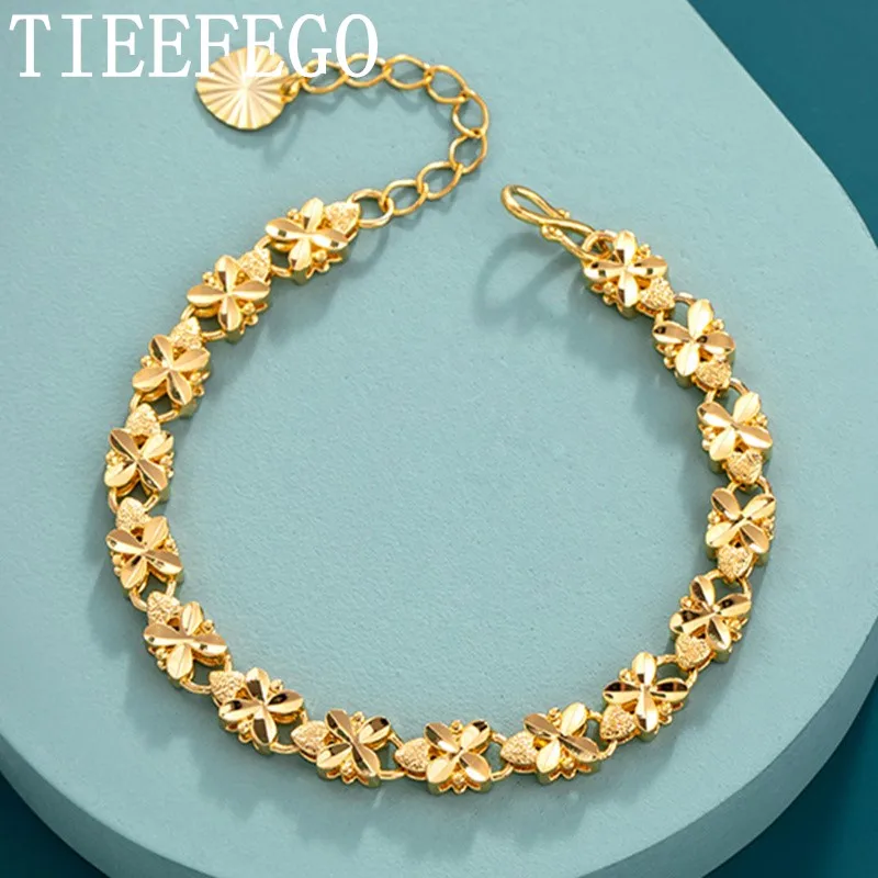 TIEEFEGO 925 Sterling Silver Fashion Lucky 24K Gold 6mm Four-Leaf Clover Gold bracelet, Suitable For Women's Jewelry GiftsProduc