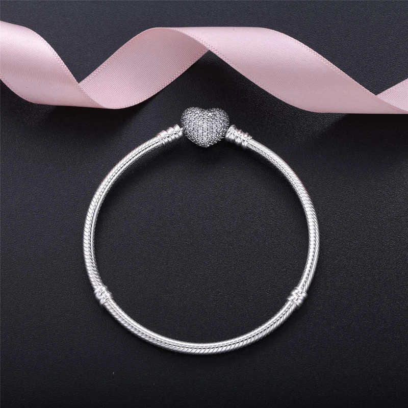 Big Sale Original 925 Sterling Silver Snake Chain Bracelet Bangle Secure Heart Clasp Beads Charm Bracelets for Women DIY Jewelry