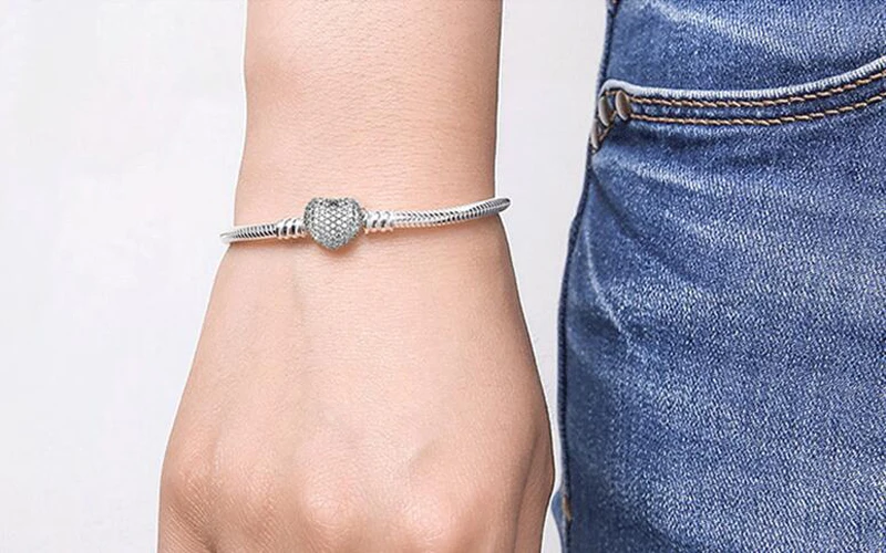 Big Sale Original 925 Sterling Silver Snake Chain Bracelet Bangle Secure Heart Clasp Beads Charm Bracelets for Women DIY Jewelry