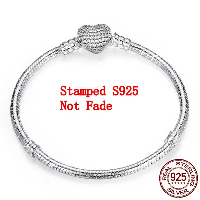 Big Sale Original 925 Sterling Silver Snake Chain Bracelet Bangle Secure Heart Clasp Beads Charm Bracelets for Women DIY Jewelry