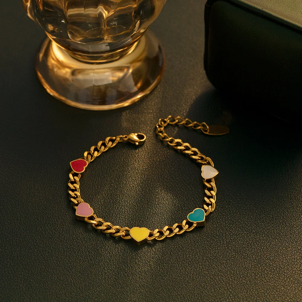 Colored Love Heart Titanium Steel Bracelet Chain with Enamel 18K Gold Plated Waterproof Anti Allergy Jewelry Suitable for Women