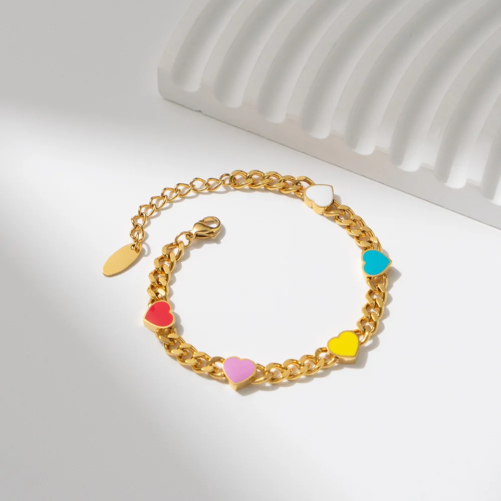 Colored Love Heart Titanium Steel Bracelet Chain with Enamel 18K Gold Plated Waterproof Anti Allergy Jewelry Suitable for Women