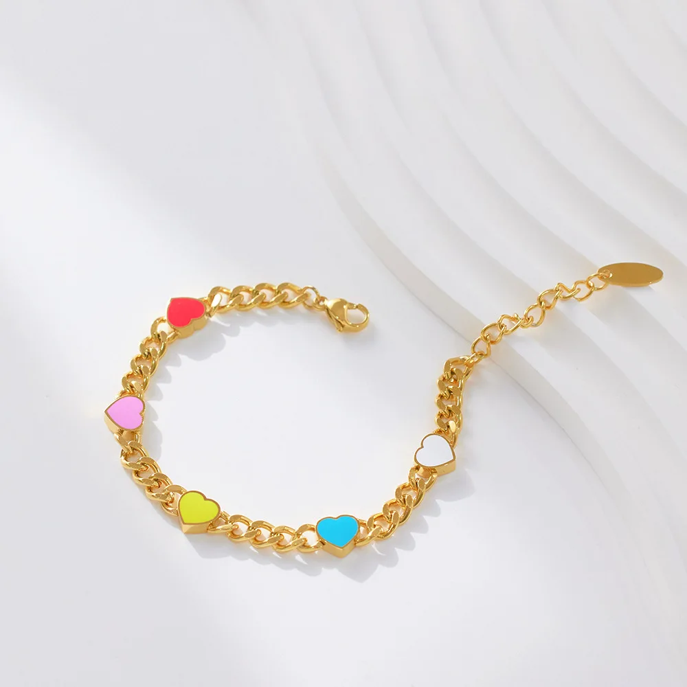 Colored Love Heart Titanium Steel Bracelet Chain with Enamel 18K Gold Plated Waterproof Anti Allergy Jewelry Suitable for Women