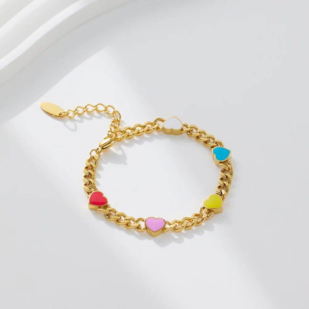 Colored Love Heart Titanium Steel Bracelet Chain with Enamel 18K Gold Plated Waterproof Anti Allergy Jewelry Suitable for Women