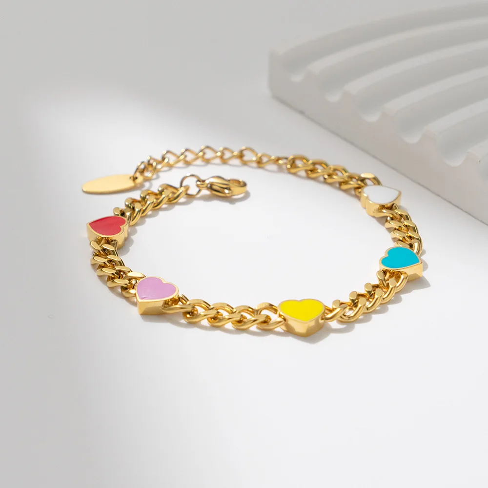 Colored Love Heart Titanium Steel Bracelet Chain with Enamel 18K Gold Plated Waterproof Anti Allergy Jewelry Suitable for Women