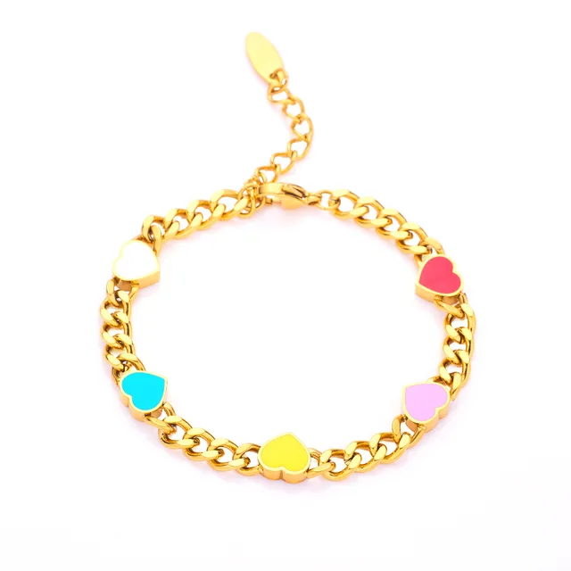 Colored Love Heart Titanium Steel Bracelet Chain with Enamel 18K Gold Plated Waterproof Anti Allergy Jewelry Suitable for Women