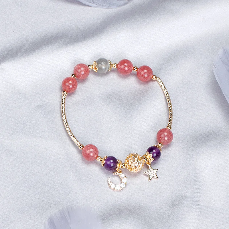 Moon Star Yellow Purple Crystal Strawberry Crystal White Moonstone Gold Color Charm Bracelets for Women Fine Jewelry YBR258Produ