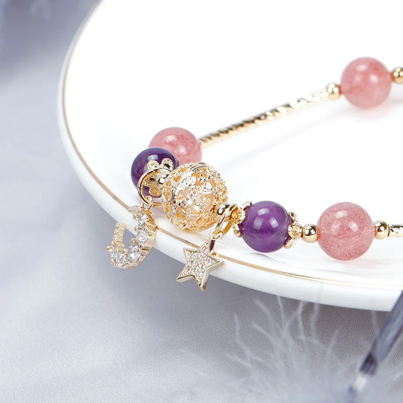 Moon Star Yellow Purple Crystal Strawberry Crystal White Moonstone Gold Color Charm Bracelets for Women Fine Jewelry YBR258Produ