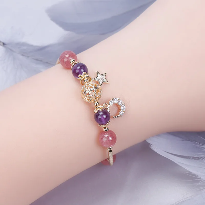 Moon Star Yellow Purple Crystal Strawberry Crystal White Moonstone Gold Color Charm Bracelets for Women Fine Jewelry YBR258Produ