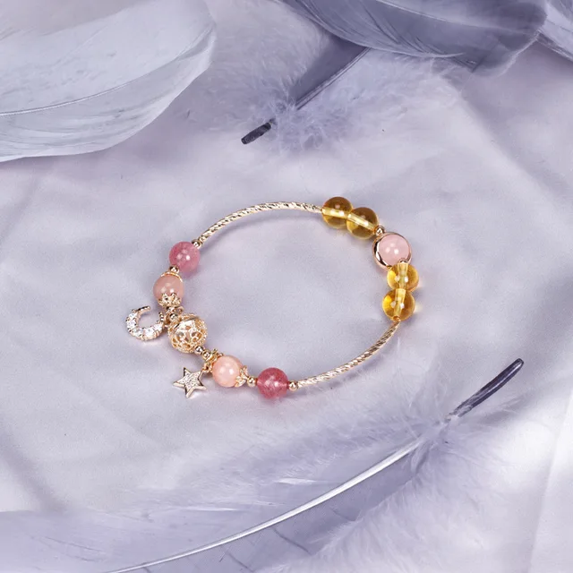 Moon Star Yellow Purple Crystal Strawberry Crystal White Moonstone Gold Color Charm Bracelets for Women Fine Jewelry YBR258Produ