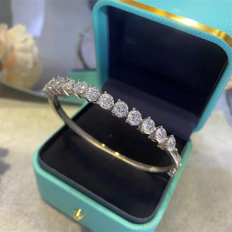 6 Carat D Color Moissanite Full Diamond Cuff Bracelet 925 Silver Classic Four Claw Round Bracelet Engagement Wedding Bracelet