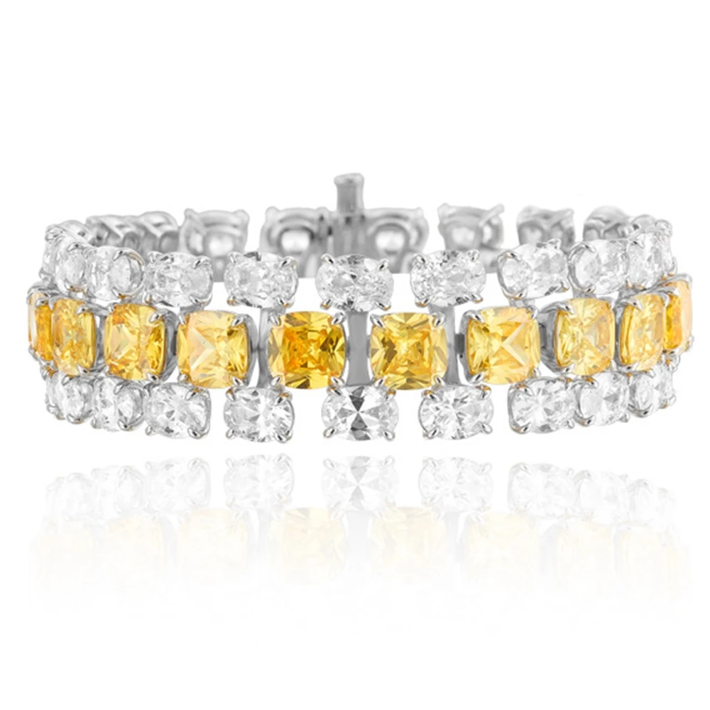 Multi Layer Oval Cushion Cut Yellow Zircon Diamond Long Tennis Chain Bracelet For Bride Real Gold Plated Luxury Designer Jewelry