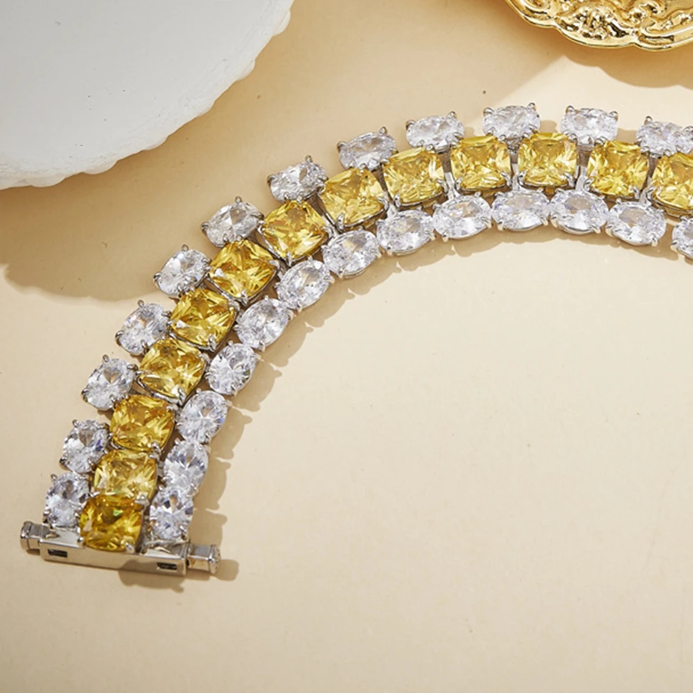 Multi Layer Oval Cushion Cut Yellow Zircon Diamond Long Tennis Chain Bracelet For Bride Real Gold Plated Luxury Designer Jewelry